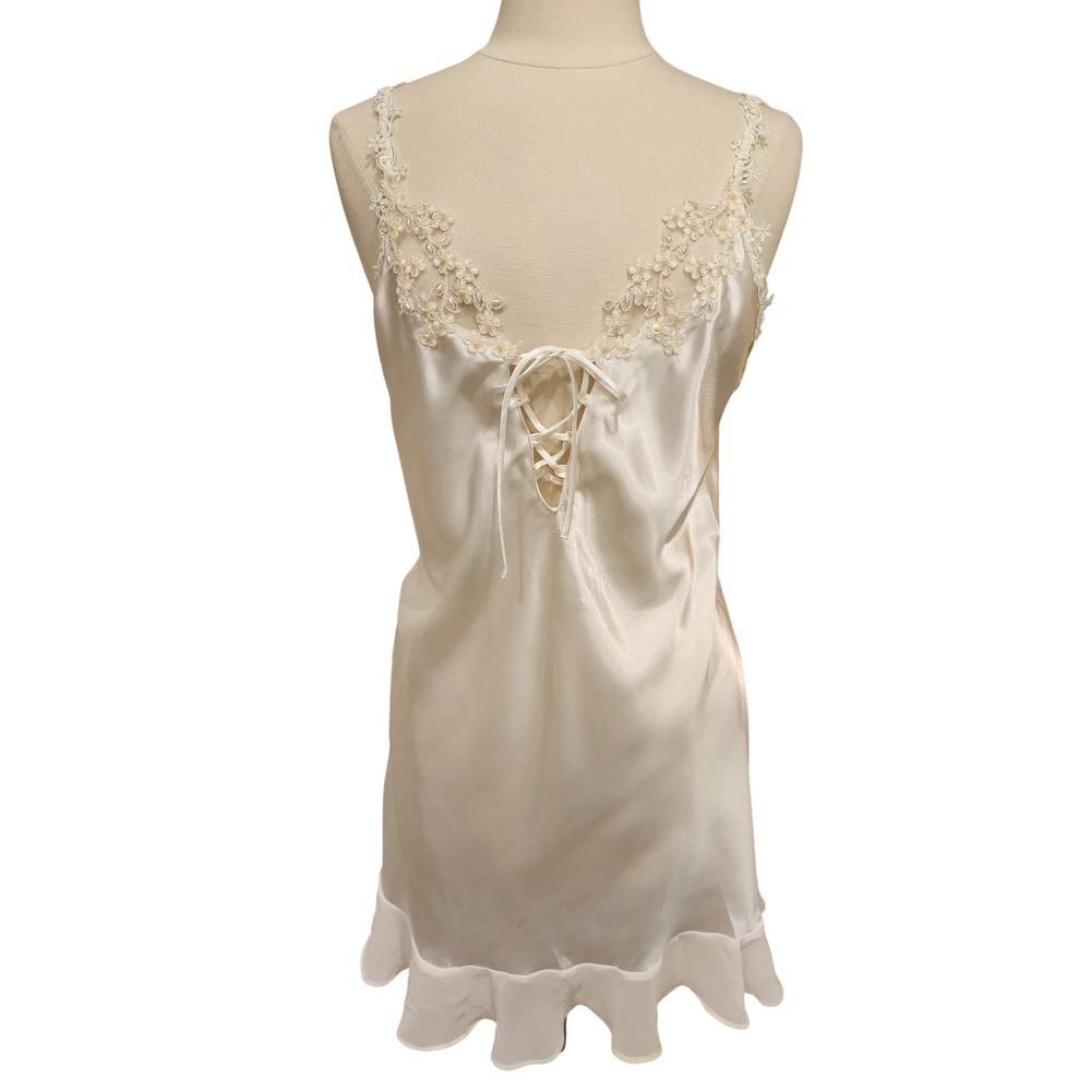 LAI Designs Cream Slip Dress Lace Pearl Trim Lace Up Cream Ruffled size Large